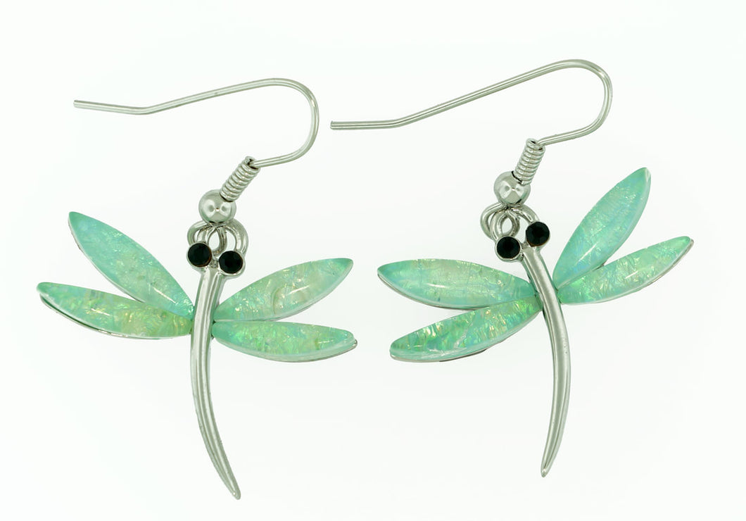 Dragon Fly Earrings with shimmering light blue resin resembling the beautiful waters of the Sea