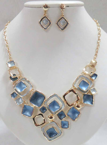 Shades of Blue and Gold Colored Squares Necklace  16 inch with 2 inch extension. Earrings are drop squares with posts.