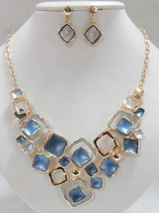 Shades of Blue and Gold Colored Squares Necklace  16 inch with 2 inch extension. Earrings are drop squares with posts.