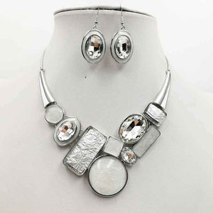 Necklace and earring set with CZ's and inlay Clear, Grey and Ivory color. 14 inch with 3 inch extender. Silver color base and chain. Earrings are CZ's and Ivory Color Oval with Shepard hook.